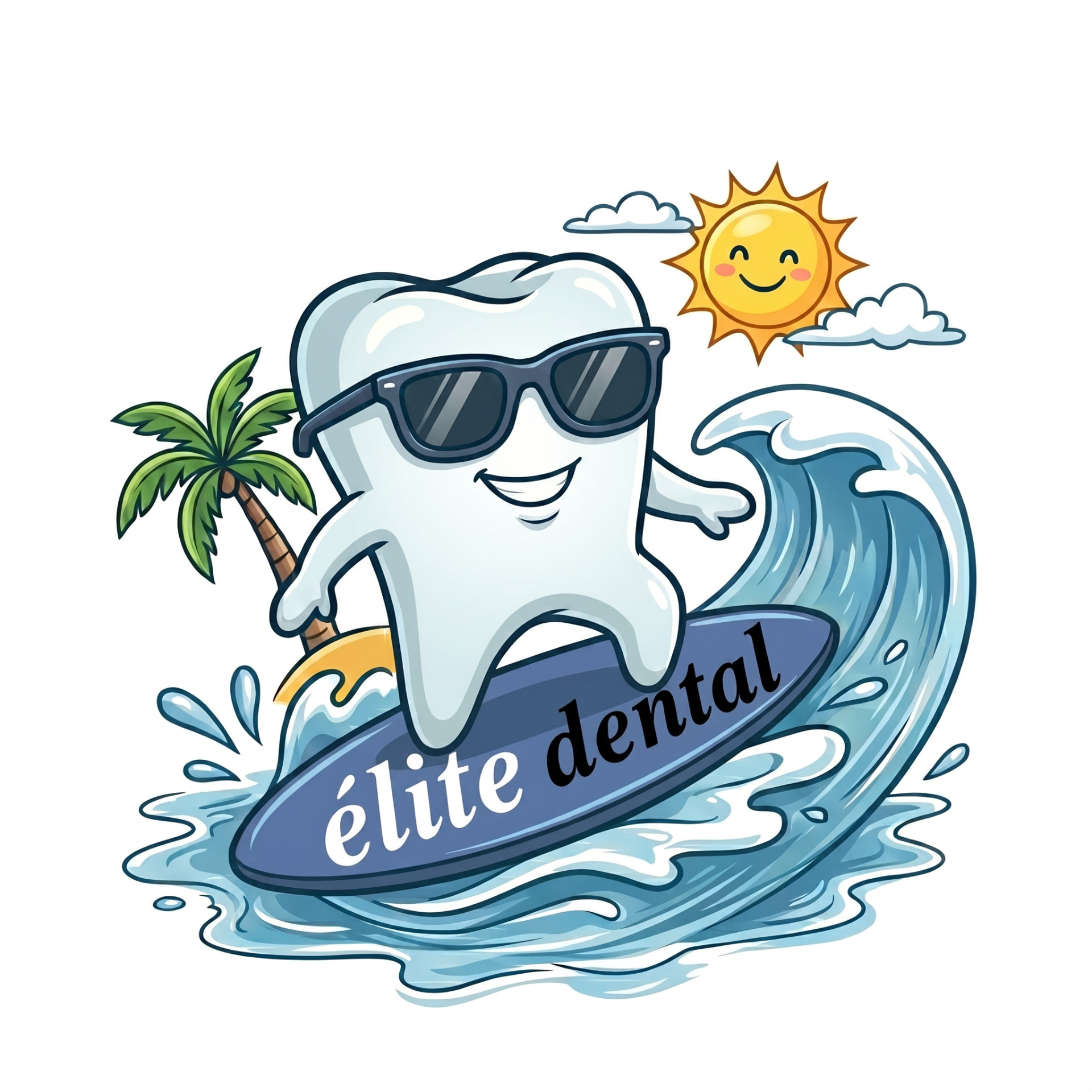 Mascota de Élite Dental: diente sonriente haciendo surf