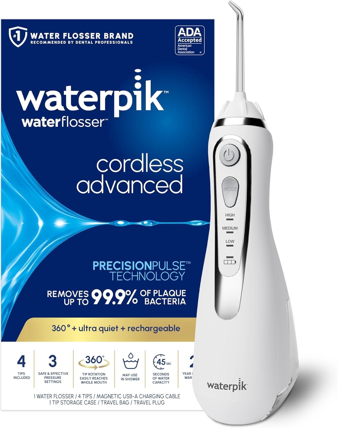 Irrigador bucal inalámbrico Waterpik Cordless Advanced con su caja
