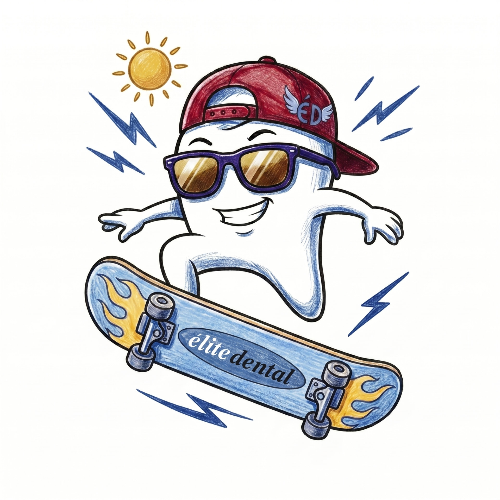 Mascota de Élite Dental: diente sonriente montando en skate