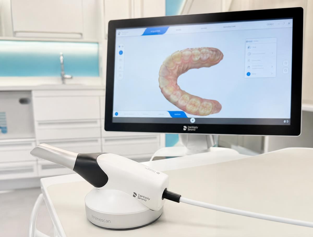 Escáner intraoral 3D y monitor con arcada digital en gabinete de Élite Dental